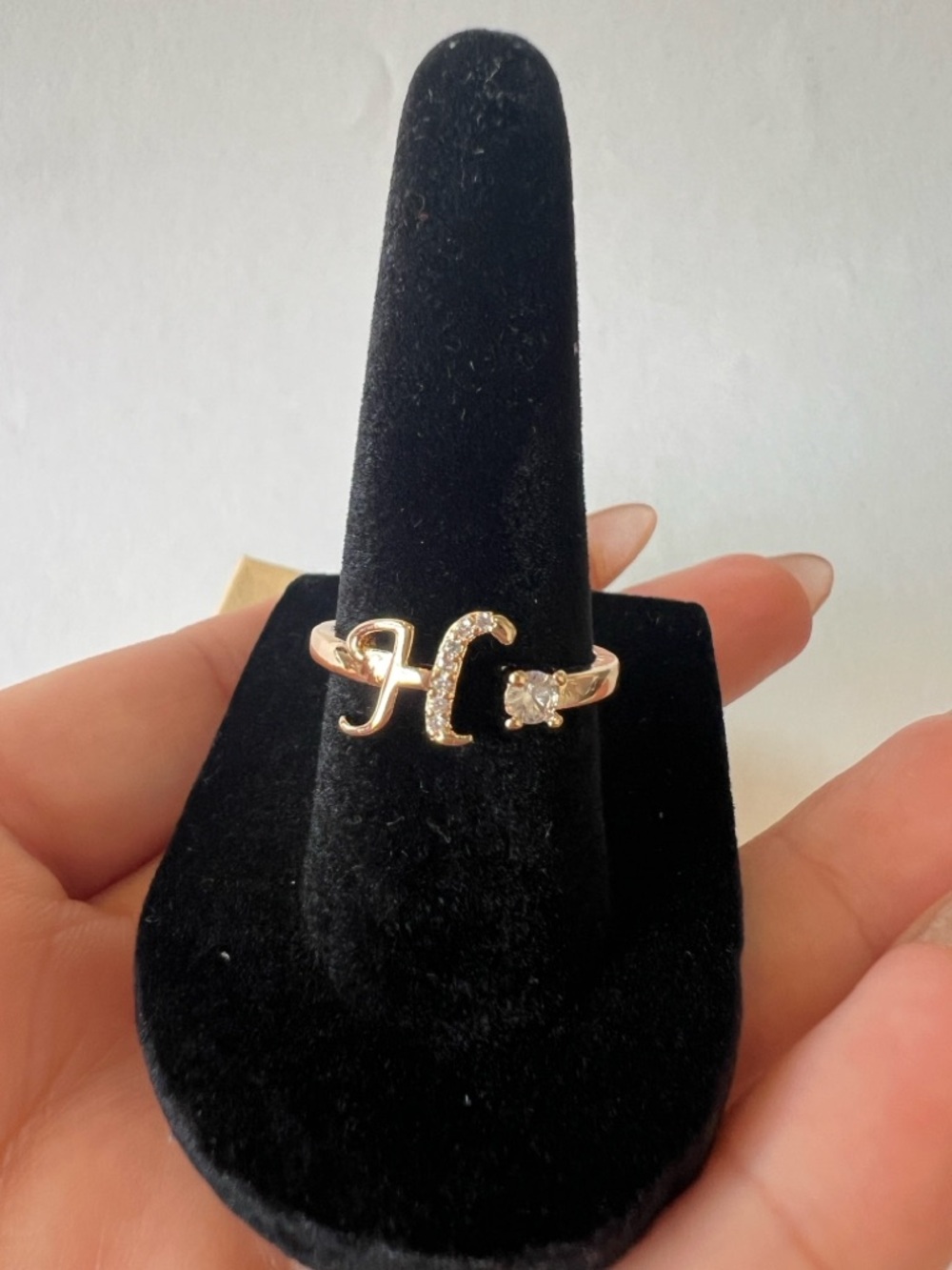 14k Gold Plated Tone Initial H Crystal Accent Open Ring
